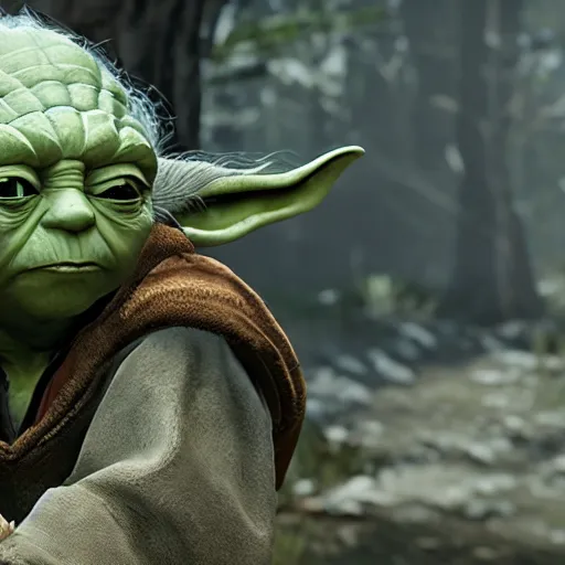 Image similar to Yoda in The Witcher 3 video game, highly detailed, high quality, HD, 4K, trending