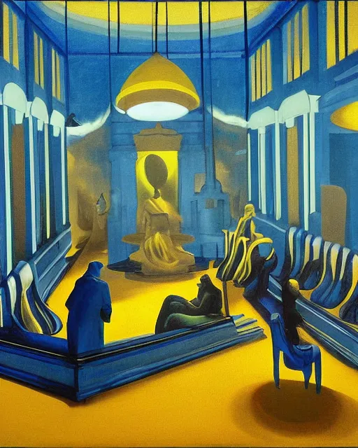 Image similar to blue people talking and a lonely dark figure seated on a throne with clouds at dark and yellow art deco interior room in the style of Francis Bacon, open ceiling, highly detailed, painted by Francis Bacon and Edward Hopper, painted by James Gilleard, surrealism, airbrush, art by James Jean