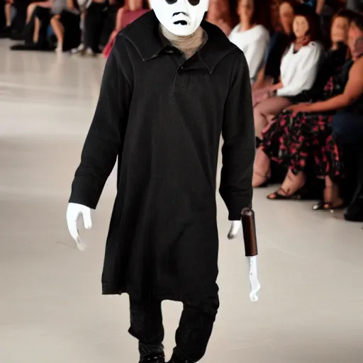 Prompt: Michael Myers walks the runway at a fashion show