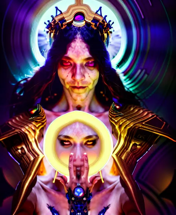 Image similar to a whirlwind of souls rushing inside the metaverse, half body, glowin eyes, tiara with sapphire, pharaoh, android, cyberpunk, d & d, fantasy, intricate, elegant, highly detailed, colorful, vivid color, digital painting, artstation, concept art, art by artgerm and greg rutkowski and alphonse mucha and ruan jia