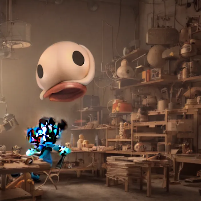 Prompt: crew of workers building giant mickey mouse head in quaint workshop, octane render, 4 k ultra hd, hyper - detailed, realistic, seedy lighting, sharp focus, in style of beeple