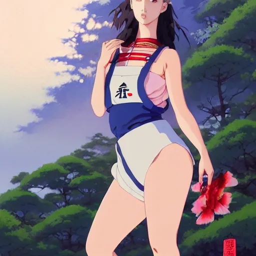 Image similar to a beautiful plus sized model japanese natalie portman, alluring plus sized model, wearing mayan leotard with elegant mayan apron overalls, street fashion hip hop style with mayan patterns, aztec street fashion, gapmoe yandere grimdark, trending on pixiv fanbox, painted by greg rutkowski makoto shinkai takashi takeuchi studio ghibli, akihiko yoshida