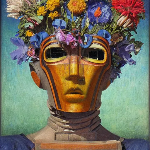 Prompt: masterpiece painting of the head of a robot wearing a mask made of flowers, by annie swynnerton and diego rivera and jean delville and tino rodriguez, flower mask, symbolist, dramatic lighting, god rays, elaborate geometric ornament, art brut, soft cool colors, smooth, sharp focus, extremely detailed, adolf wolfli