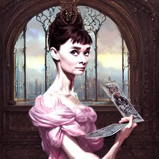 Image similar to audrey hepburn in an epic victorian novel, inside an ornate castle, intricate, elegant, highly detailed, digital painting, artstation, matte, illustration, art by artgerm, greg rutkowski, loish, rhads, ferdinand knab, makoto shinkai, lois van baarle, ilya kuvshinov, rossdraws, tom bagshaw