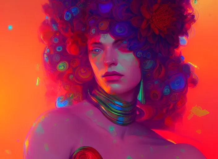 Prompt: A psychedelic portrait of dahlia diceling , vibrant color scheme, highly detailed, in the style of romanticism, cinematic, artstation, Moebius, Greg rutkowski