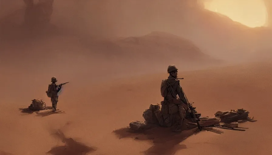 Prompt: beautiful digital painting of a soldier in a trench waiting for the war to end, in the sahara desert. cinematic lighting, atmospheric emotions by greg rutkowski,