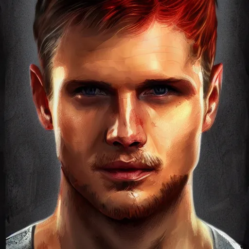 Prompt: A man who looks like a mixture between Alexander Ludwig, Jensen Ackles and young Michael Biehn, wearing red tank top, scifi, highly detailed portrait, digital painting, artstation, concept art, smooth, sharp foccus ilustration, Artstation HQ.