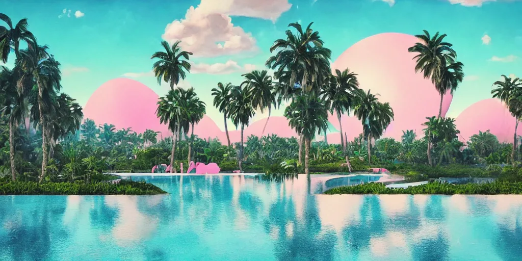 Image similar to Beeple masterpiece, hyperrealistic surrealism, award winning masterpiece with incredible details, epic stunning, infinity pool, a surreal vaporwave liminal space, highly detailed, trending on ArtStation, calming, meditative, pink arches, palm trees, surreal, sharp details, dreamscape, giant gold head statue ruins, crystal clear water, sunrise