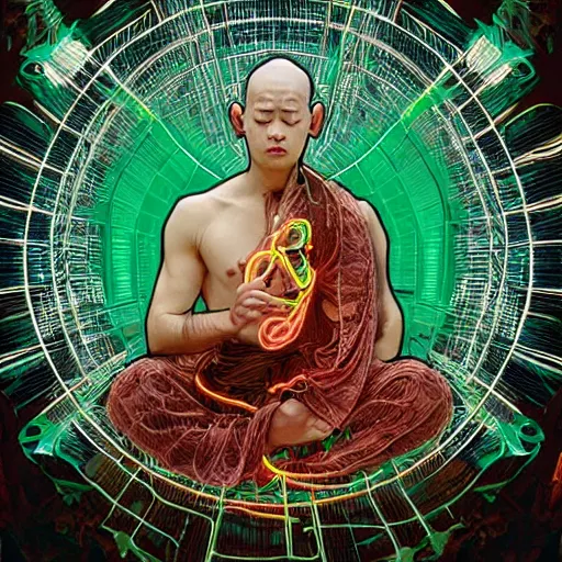 Image similar to monk meditating in a neon lit ying yang, cyber punk forest, interconnected woven circuitry and cables, ornate details, stefan gesel, yoshitaka amano, alphonse mucha