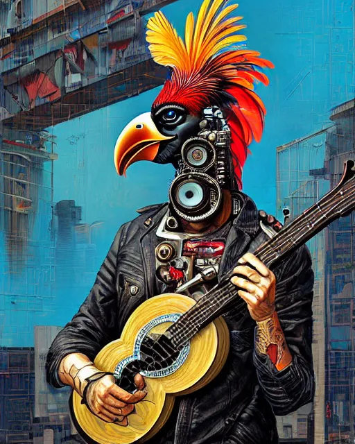 Image similar to a portrait of an anthropomorphic cyberpunk rooster strumming a banjo by sandra chevrier, by jon foster, detailed render, tape deck, epic composition, cybernetics, 4 k realistic, cryengine, realistic shaded lighting, sharp focus, masterpiece, by enki bilal