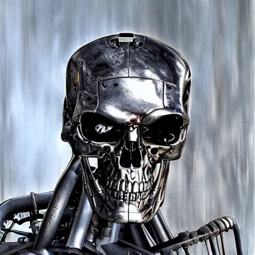 Prompt: terminator steel skeleton, looking away from camera, framed painting, digital painting, concept art, hyperrealism vrubel