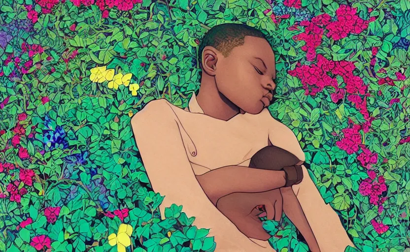 Image similar to african boy lying down in a colourful garden - wrapped in flower vines, art by james jean & hsiao - ron cheng, colourful, sharp, detailed, digital painting, illustration, intricate detail, pinterest, behance, art station,