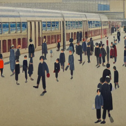 Image similar to painting of japanese commuters heading to the central business district of tokyo, painted by laurence stephen lowry, oil on canvas, national gallery