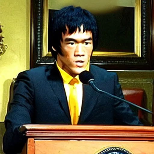 Prompt: bruce lee is president of the united states, wearing a suit, giving a speech, bruce lee, state of the union