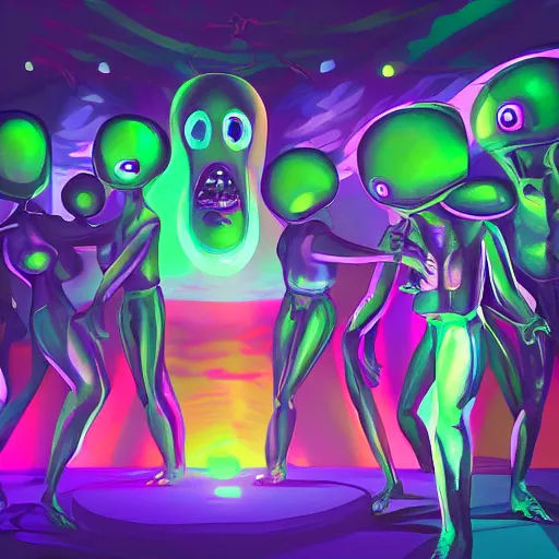 Image similar to nightclub with aliens dancing, highly detailed, artstation, digital painting