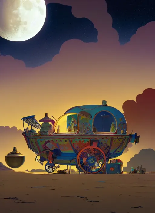 Prompt: gypsy caravan by paolo eleuteri serpieri and tomer hanuka and chesley bonestell and daniel merriam and tomokazu matsuyama, clouds, moon, sun, unreal engine, high resolution render, featured on artstation, octane, 8 k, highly intricate details, vivid colors