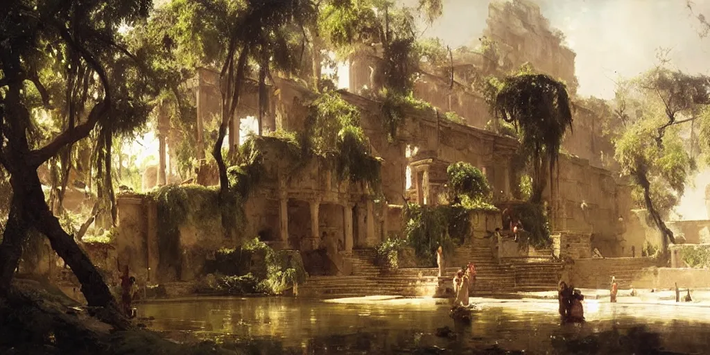 Image similar to beautiful landscape oil matte painting, of ancient hanging gardens of babylon, art by anders zorn, wonderful masterpiece by greg rutkowski, beautiful cinematic light, american romanticism, by thomas lawrence, greg rutkowski