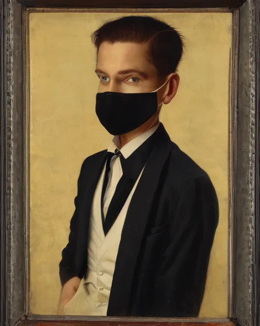 Image similar to portrait of young man wearing black medical mask, suit and tie, style of james c. christensen