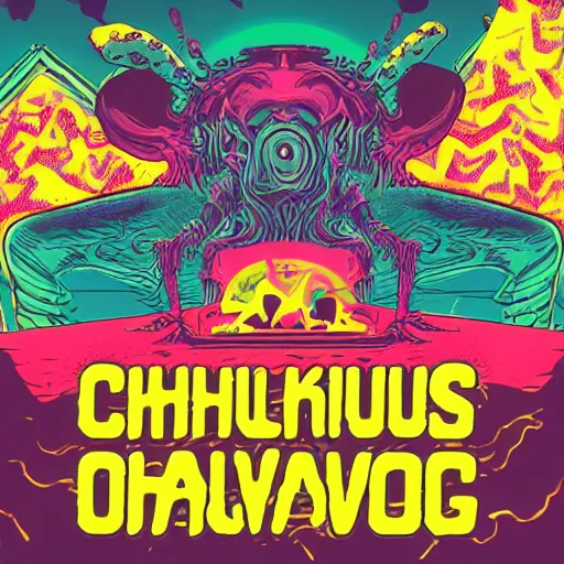 Prompt: Chtulu octupus monster skateboarding, synthwave