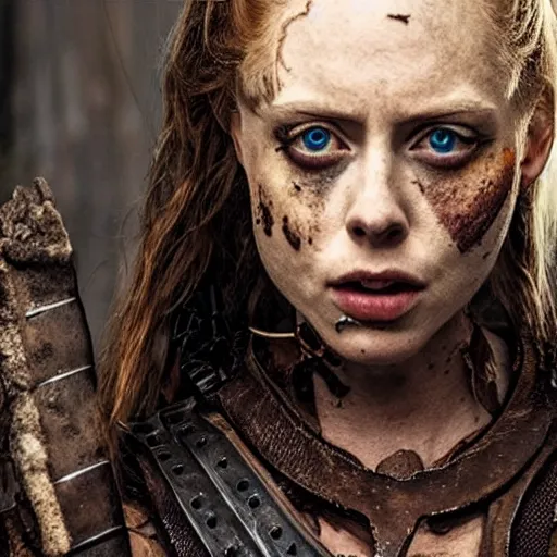 Image similar to deborah ann woll as a barbarian warrior in a dystopian future battleground