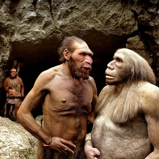 Prompt: Neanderthal meeting modern human, discovery of extant tribe of Homo neanderthalensis, Caucasus region, award-winning photography