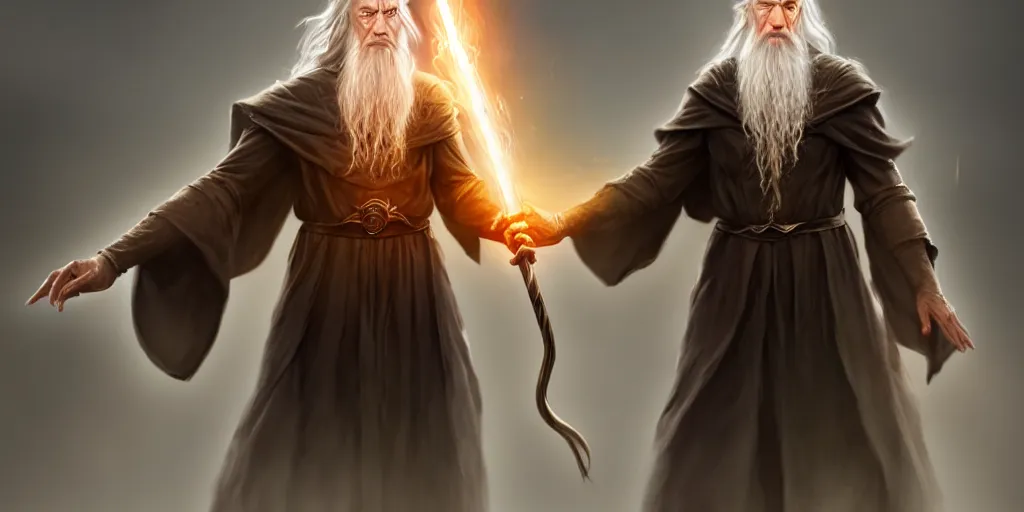 Prompt: a handsome bearded white male sorcerer, he is casting a spells coming from his hands. looks similar to gandalf but with brown hair, epic composition, closed hands, waist up, trending on artstation, concept art,
