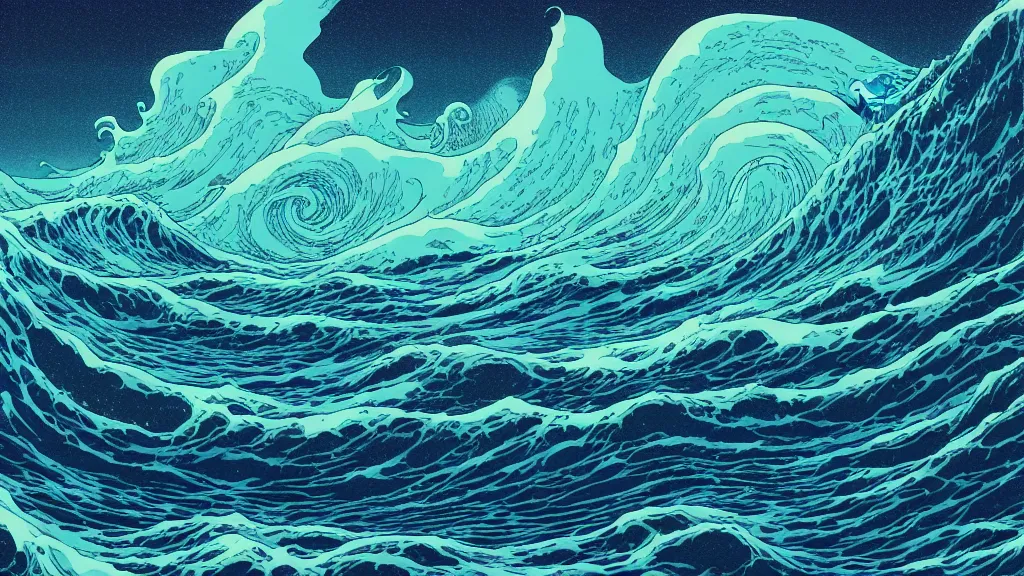 Prompt: highly detailed and colorful illustration of high exposure ocean waves at night by makoto shinkai, by moebius, by aaron horkey, by nico delort, by dan mumford, by otomo, kodachrome, 4 k resolution