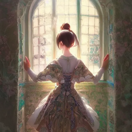 Prompt: beautiful young girl in intricate clothing by artgerm, walking in a castle painted by wlop, reflections, very high intricate details, painting, digital anime art, medium shot, mid - shot, ilya kuvshinov, krenz cushart, greg rutkowski, sana takeda