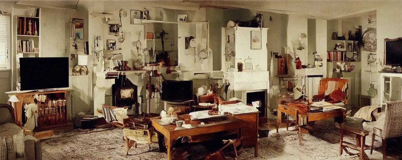 Prompt: 1 7 0 s pictoresque living room, retro, vintage, warm, cosy, nostalgic, computer, television