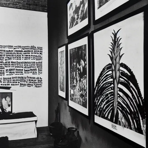 Image similar to A black and white photography of an exhibition space with objects of Sun Ra, Marcel Duchamp and tropical plants, 60s, offset lithography print, newspaper, distant shot