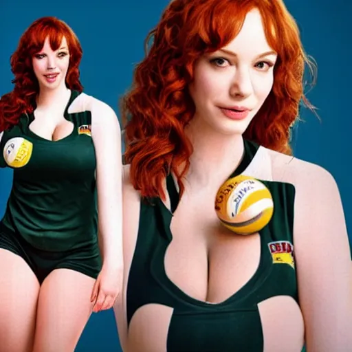 Image similar to Christina Hendricks as volleyball player, body, realistic,