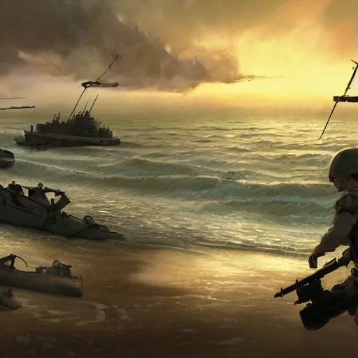 Image similar to soldiers storming the beaches of normandy on d - day, highly detailed, digital painting, concept art, sharp focus, by makoto shinkai