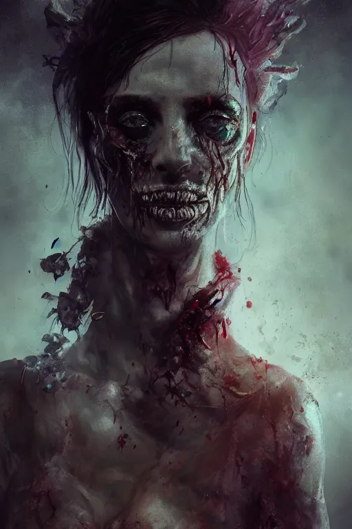 Image similar to A fancy portrait of a zombified women with apocalyptic background by Greg Rutkowski, Sung Choi, Mitchell Mohrhauser, Maciej Kuciara, Johnson Ting, Maxim Verehin, Peter Konig, Bloodborne, 8k photorealistic, cinematic lighting, HD, high details, dramatic, dark atmosphere, trending on artstation