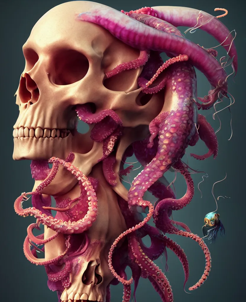 Image similar to goddess close - up portrait human skull, ram skull, squid phoenix jellyfish, orchid, betta fish, bioluminiscent, intricate artwork by tooth wu and wlop and beeple. octane render, trending on artstation, greg rutkowski very coherent symmetrical artwork. cinematic, hyper realism, high detail, octane render, 8 k