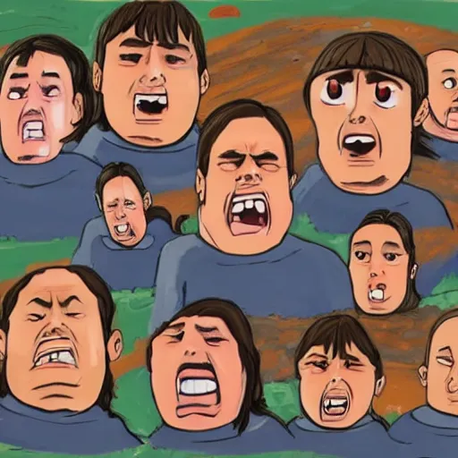 Image similar to a dozen furious faces hovering over a cowering child