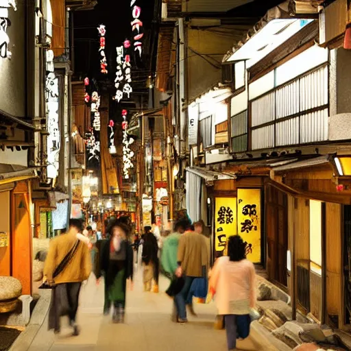 Prompt: a cozy Japanese village at night with bustling people