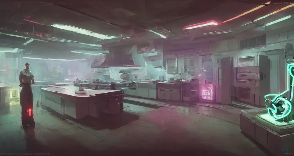 Prompt: interior shot, scifi robot kitchen, robotic mecha car, robot appliances, robot food, neon lights, neon lights, neon lights, neon lights, cinematic lighting, Craig Mullins, Greg Rutkowski, volumetric light, artstation, octane render, low angle camera