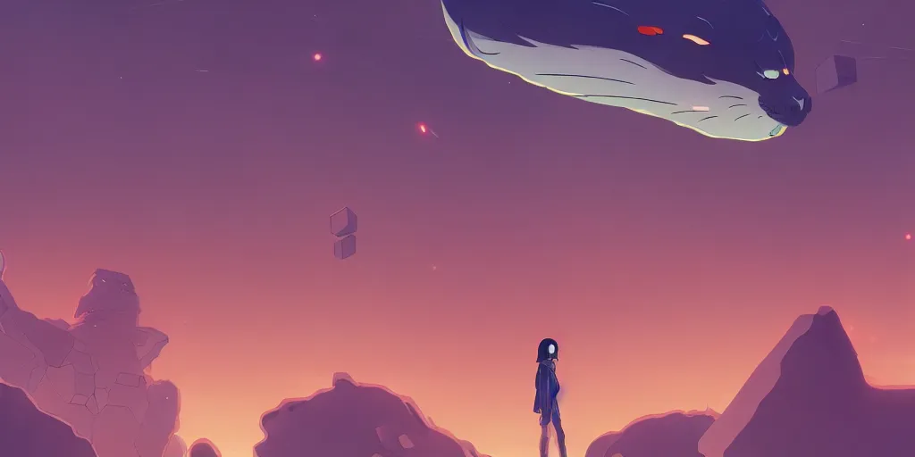 Image similar to sci - fi, matte gouache illustration, gigantic cat speaking to floating women in the air, cubes of ice around, a lot of tears, people crying, ominous, style by moebius and satoshi kon, epic anime composition, full - shot, 8 k