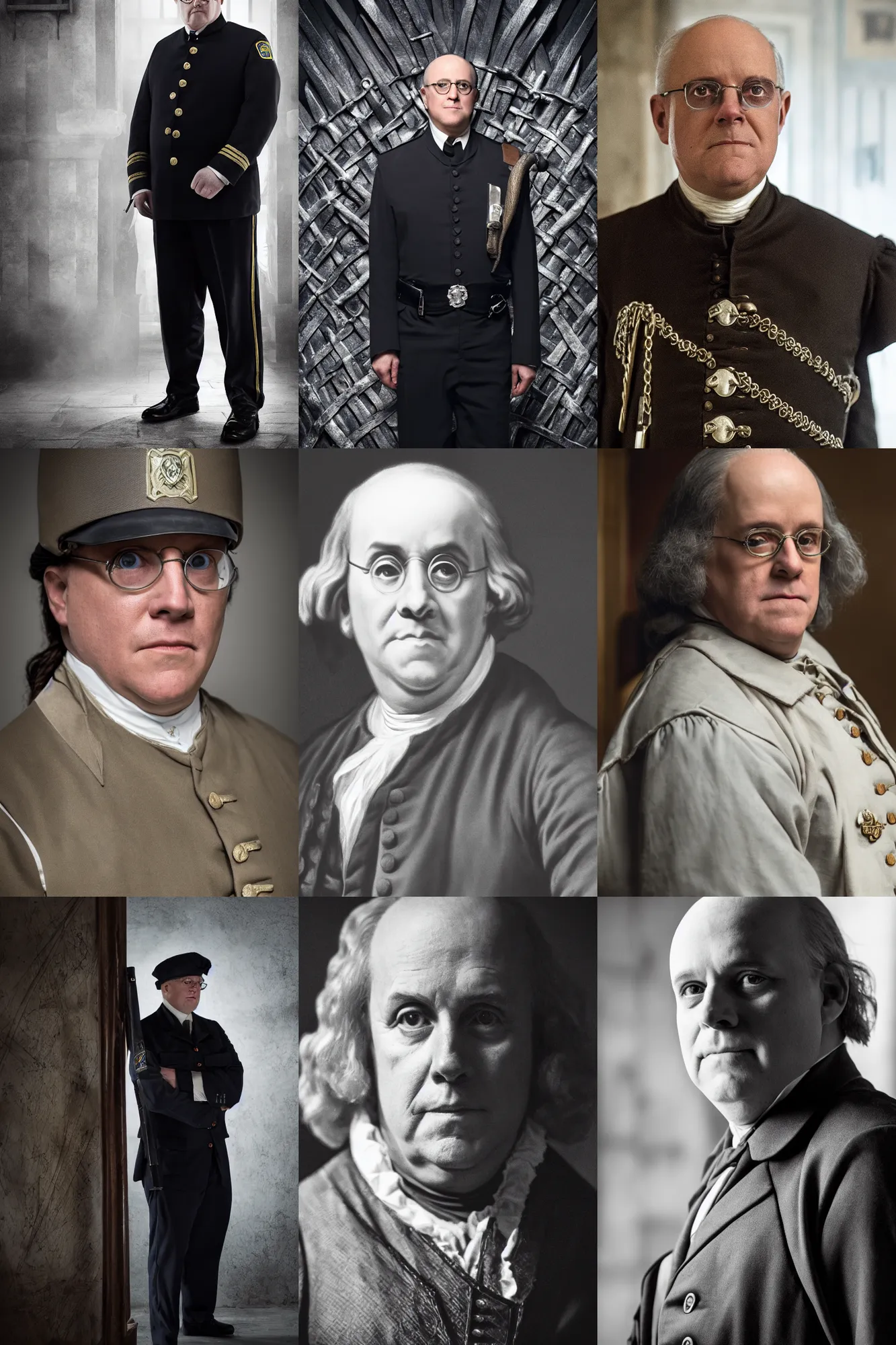 Prompt: benjamin franklin wearing a security guard uniform in game of thrones. dslr, 5 0 mm, f / 2. 8, studio lighting