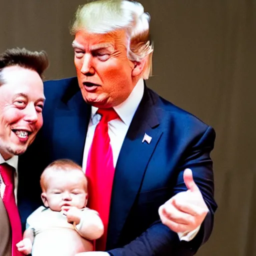 Image similar to a picture of donald trump and elon musk holding a baby