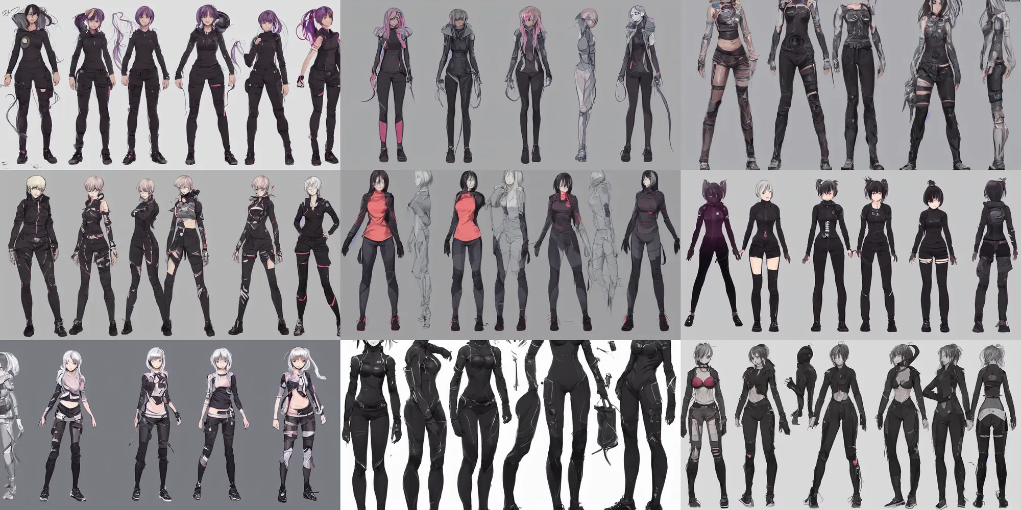 Prompt: detailed full body female character outfit designs concepts tech wear by senior concept artist, featured on artstation, anime aesthetic