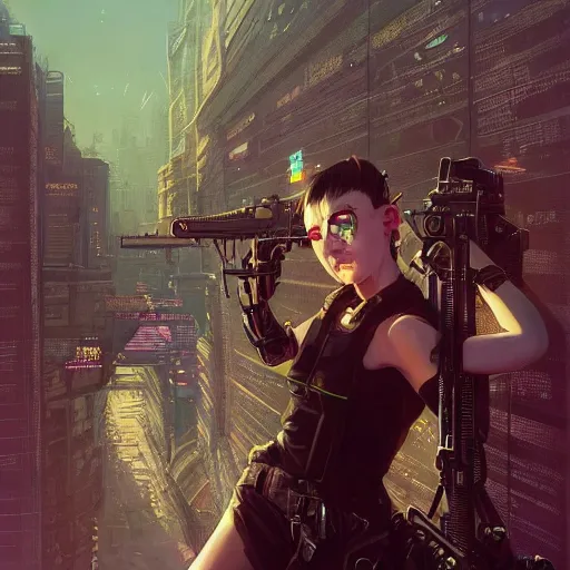 Prompt: highly detailed portrait of a young cyberpunk woman aiming a rifle, stephen bliss, unreal engine, fantasy art by greg rutkowski, loish, rhads, ferdinand knab, makoto shinkai and lois van baarle, ilya kuvshinov, rossdraws, tom bagshaw, global illumination, radiant light, detailed and intricate environment