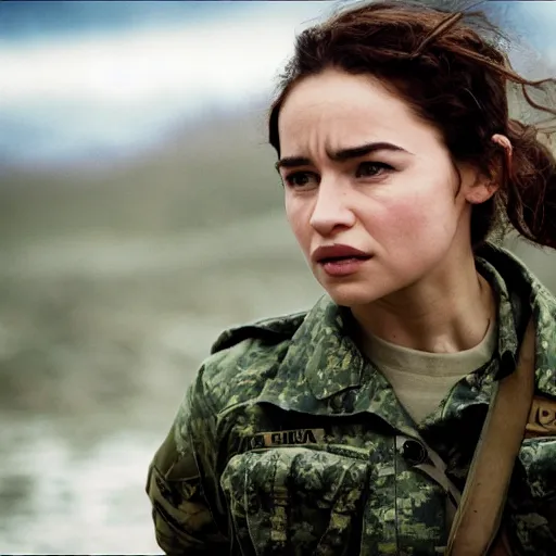 Image similar to emilia clark as a female soldier, pentax k 1 0 0 0