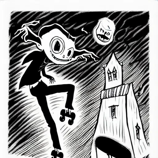 Image similar to black and white trippy comic art of dracula the vampire roller skating on roller skates, drawn by martin rowson, tim burton, studio ghibli, alex pardee, nekro petros afshar, james mcdermott, surrealist, cgsociety 4 k