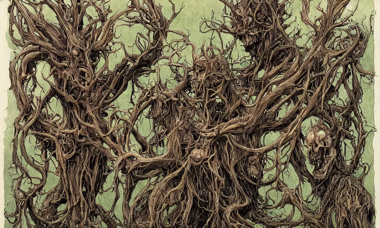 Image similar to hyperdetailed art nouveau portrait of treebeard and old groot as a cthulhu eyeball moose skull wendigo swamp thing cryptids, by michael kaluta, simon bisley and bill sienkiewicz, photorealism, claws, skeleton, antlers, fangs, forest, wild, bizarre, scary, lynn varley, lovern kindzierski, steve oliff