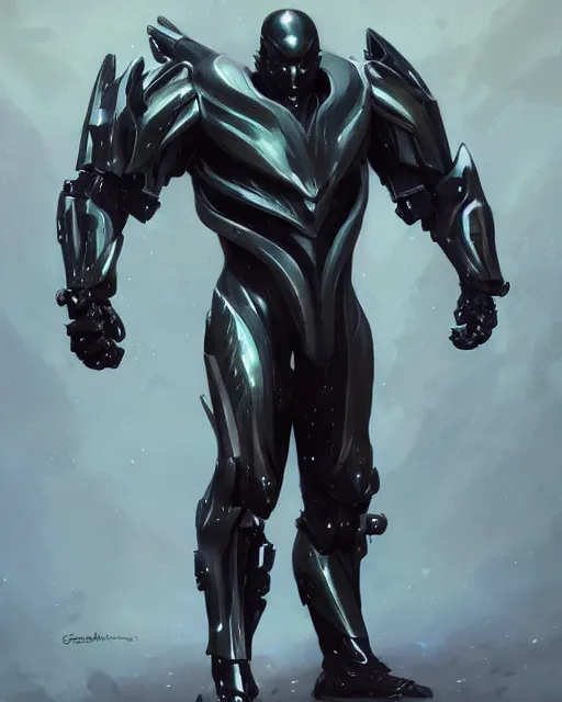 Image similar to muscled male smooth sleek black pearlescent wraithbone powerarmor, by greg rutkowski and mark brookes and jim burns and tom bagshaw and magali villeneuve, trending on artstation