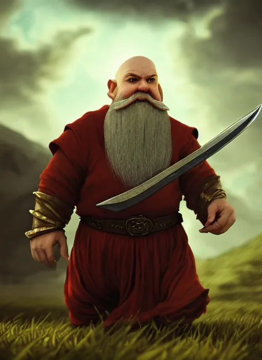 Prompt: bald gnome with big white beard holding a dagger and bomb running through a field looking angry., lord of the rings, tolkien, matte painting concept art, baroque, beautifully backlit, swirly vibrant color lines, fantastically gaudy, aesthetic octane render, 8 k hd resolution, by caravaggio and diego velazquez