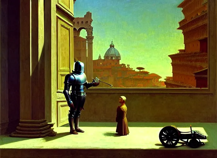 Image similar to knight in rich armor in a wheelchair do tricks & watch old tv, rome, highly detailed, soft lighting, elegant, by edward hopper and james gillard, zdislaw beksinski, stephen outram, andreas m wiese, carl spitzweg, highly detailed, masterpiece, unreal 6, 8 k