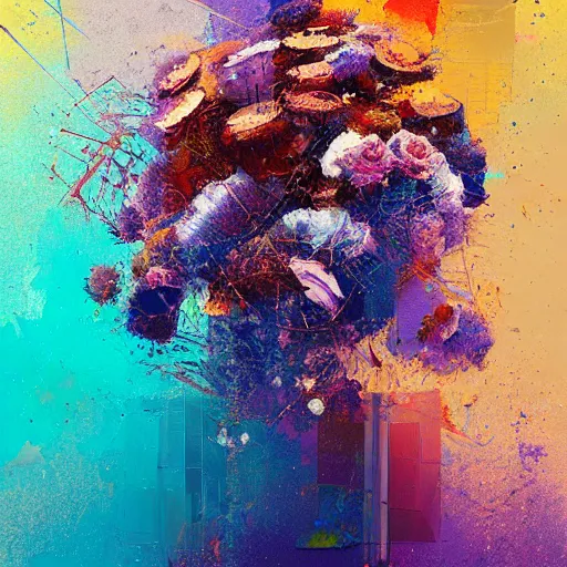 Image similar to a beautiful glitched abstract geometric painting by robert proch and robert heindel of a bouquet of flowers, color bleeding, pixel sorting, copper oxide and rust materials, brushstrokes by jeremy mann, cold top lighting, pastel purple background