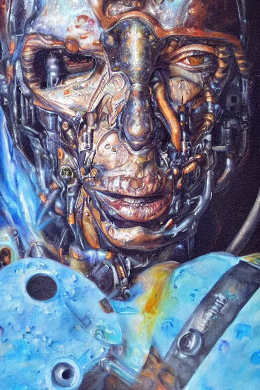 Image similar to oil painting, close-up, hight detailed, melting cyborg at red planet, in style of 80s sci-fi art